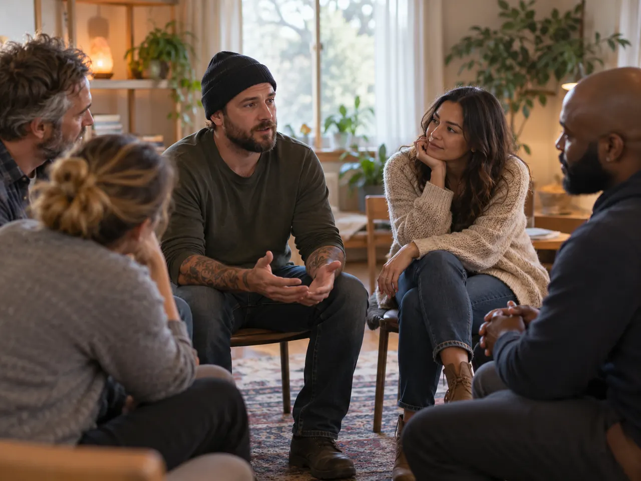 Group therapy session with participants seated in a circle
