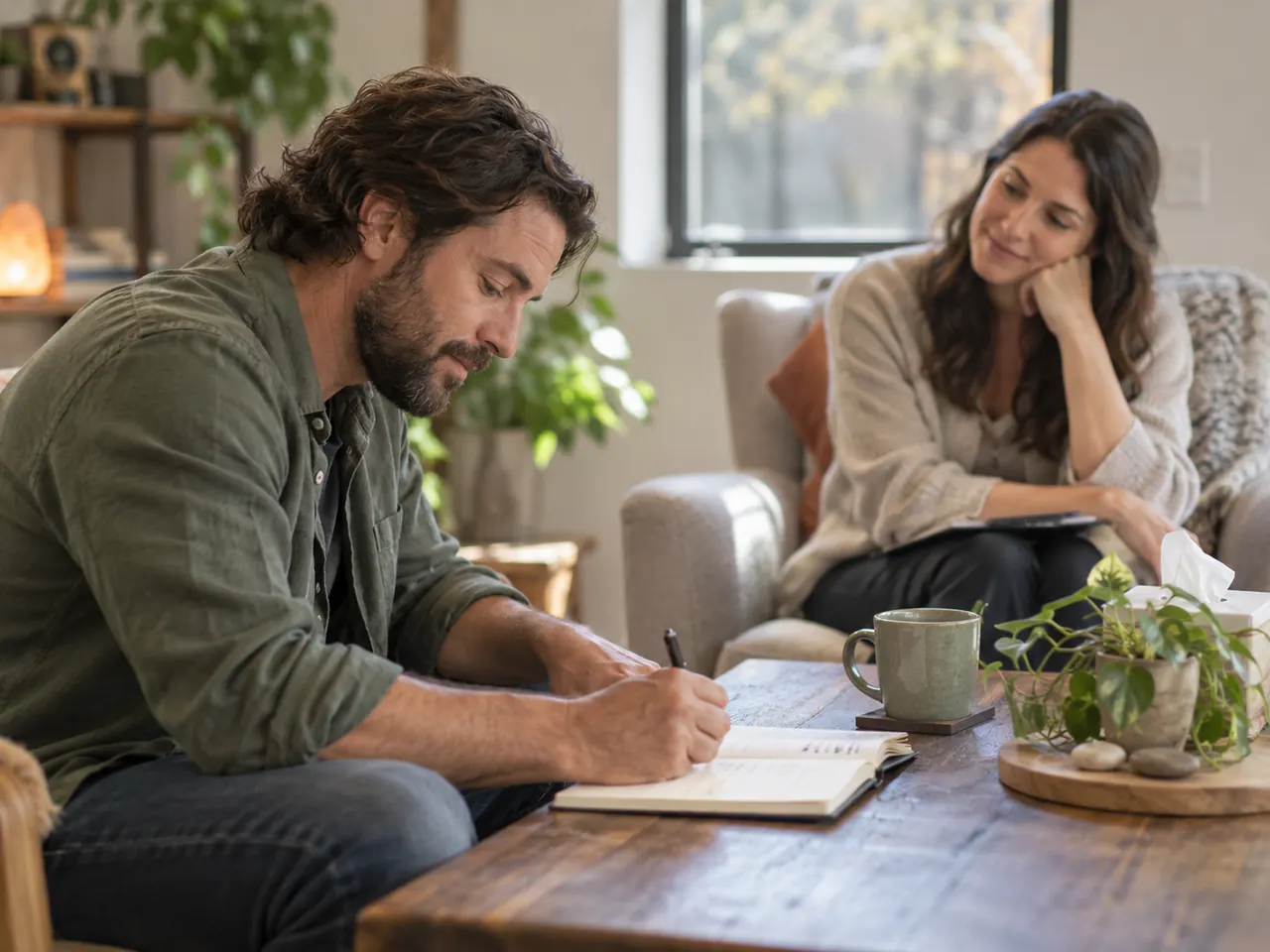 Client writing in a notebook during a counseling session