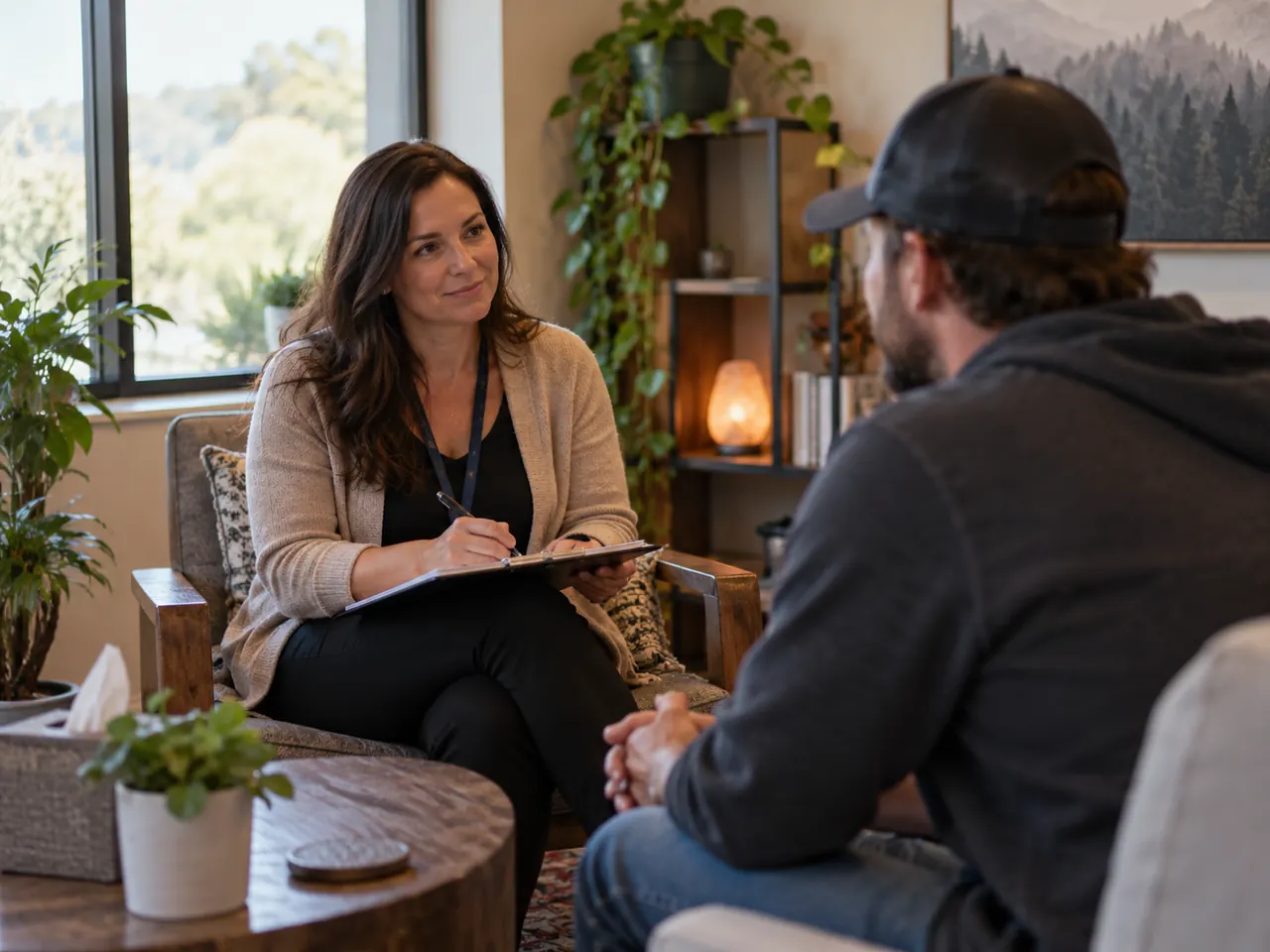 Client talking with a therapist who is taking notes