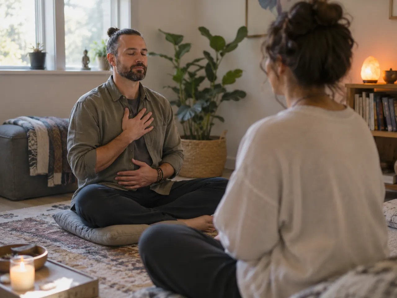 Client practicing a breathing exercise with a therapist