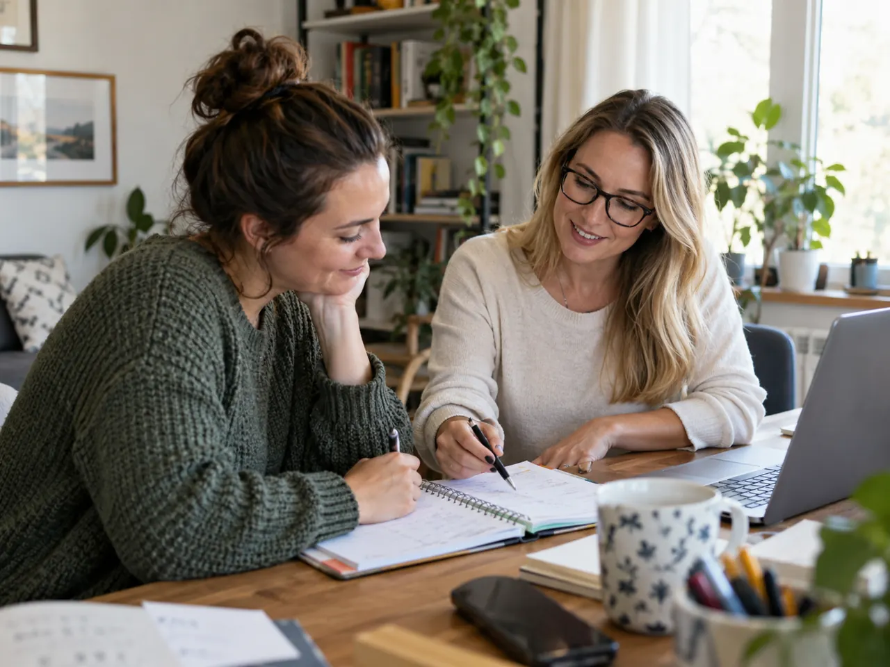 Client working through a planner with a clinician at a table