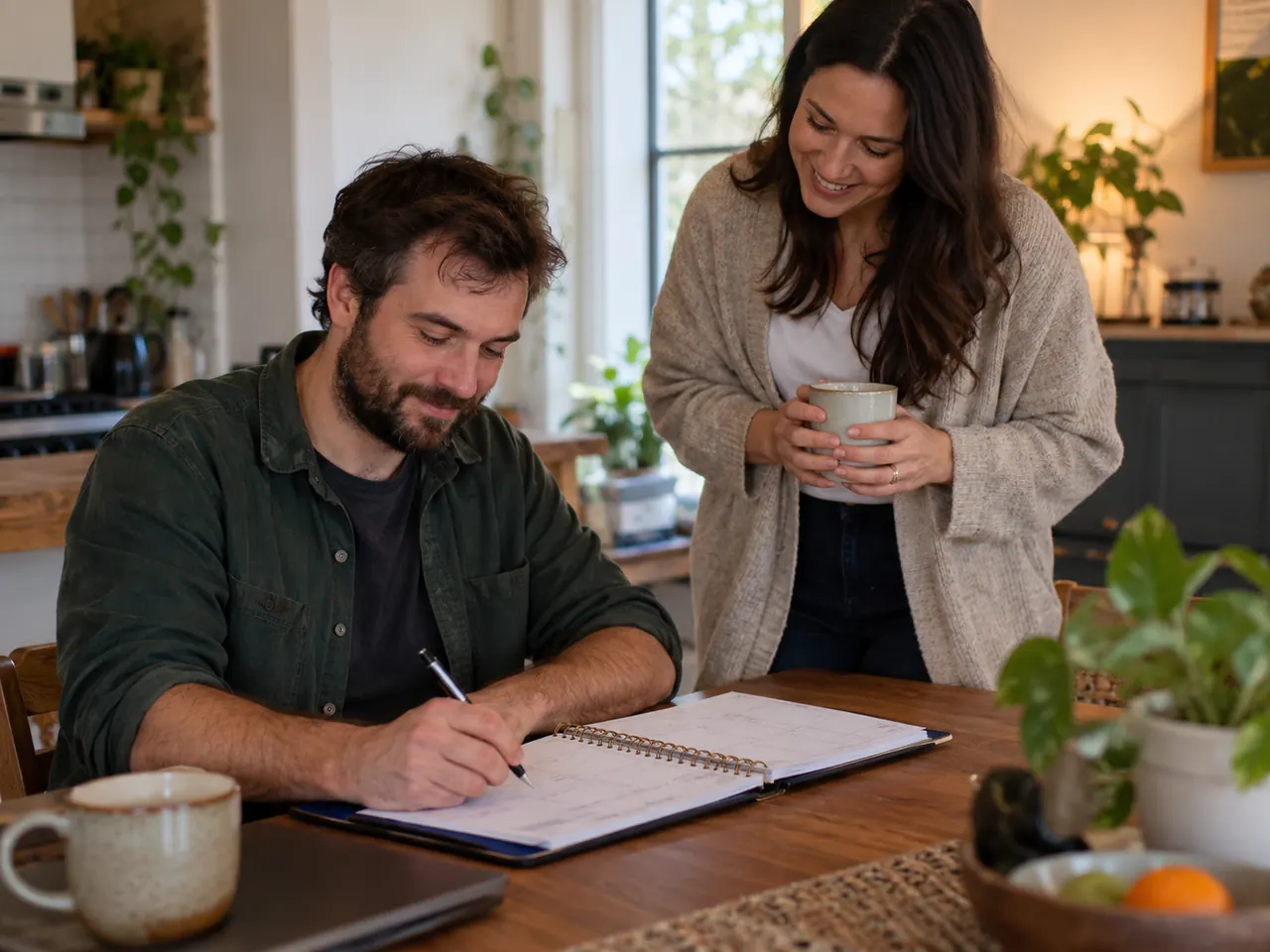 Client writing in a workbook while a staff member stands nearby
