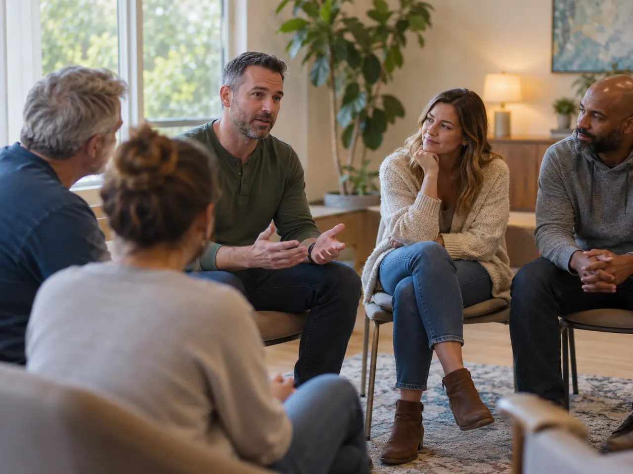 Group therapy session with participants seated in a circle