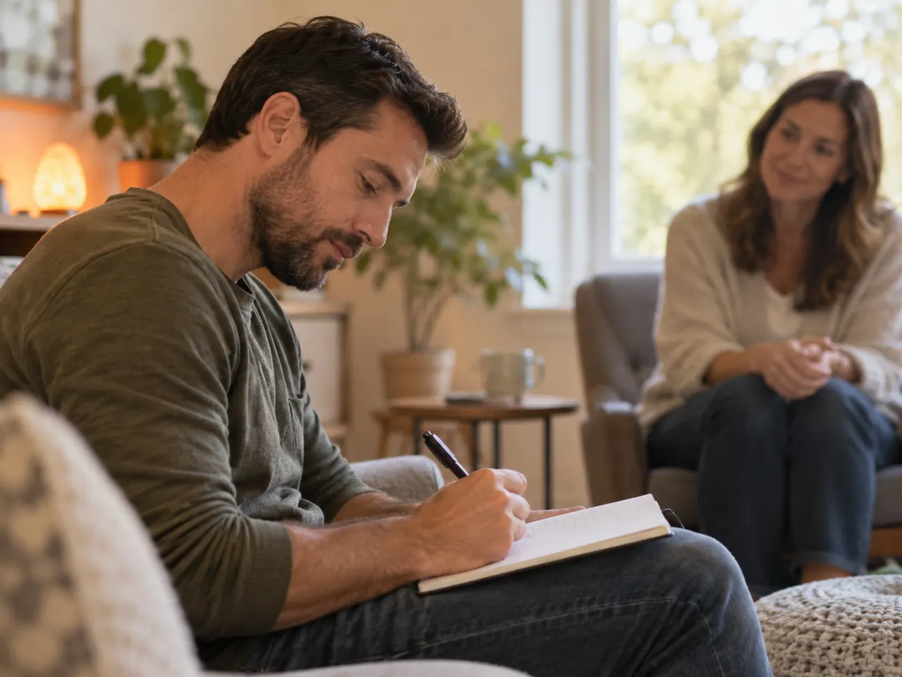 Client writing in a notebook during a session