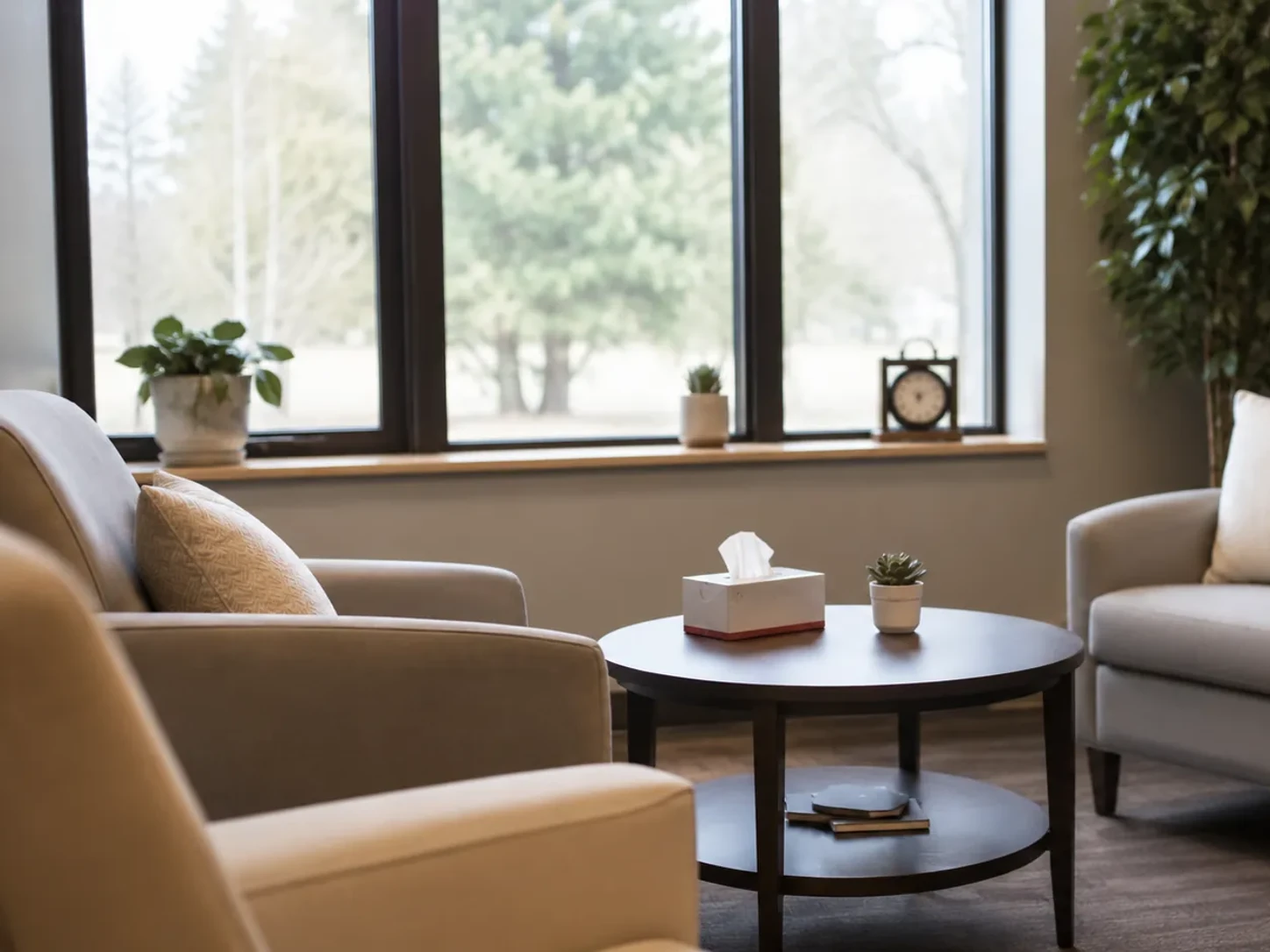 Quiet seating area beside a window in an outpatient setting