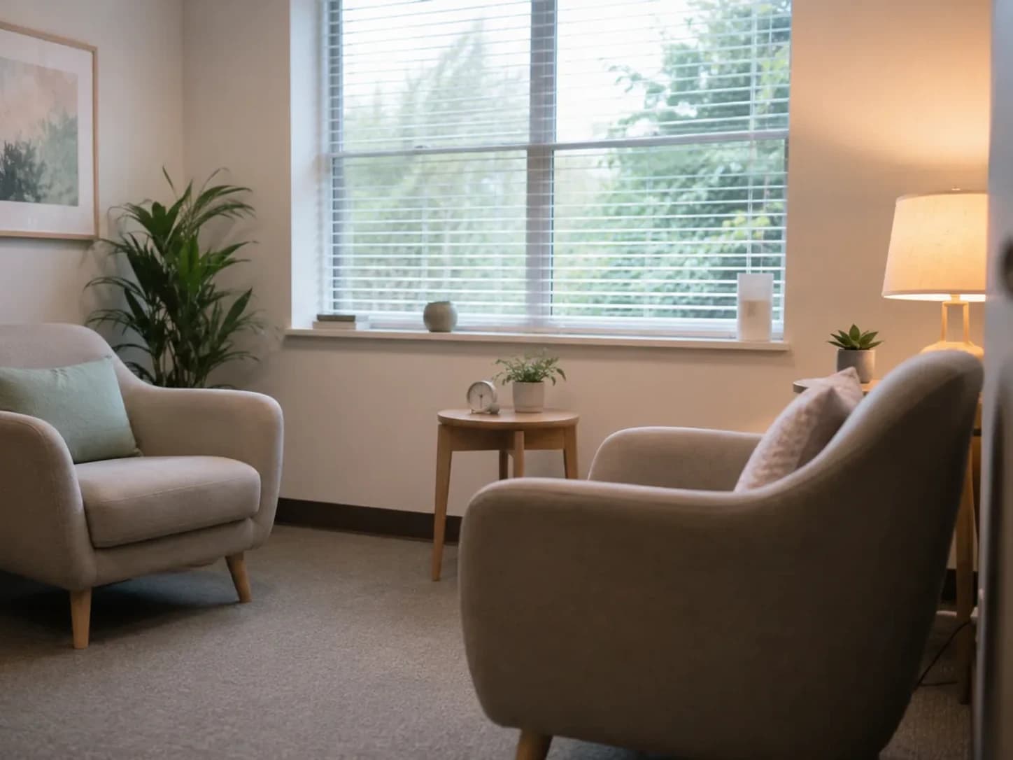 Calm counseling room with two armchairs and a window