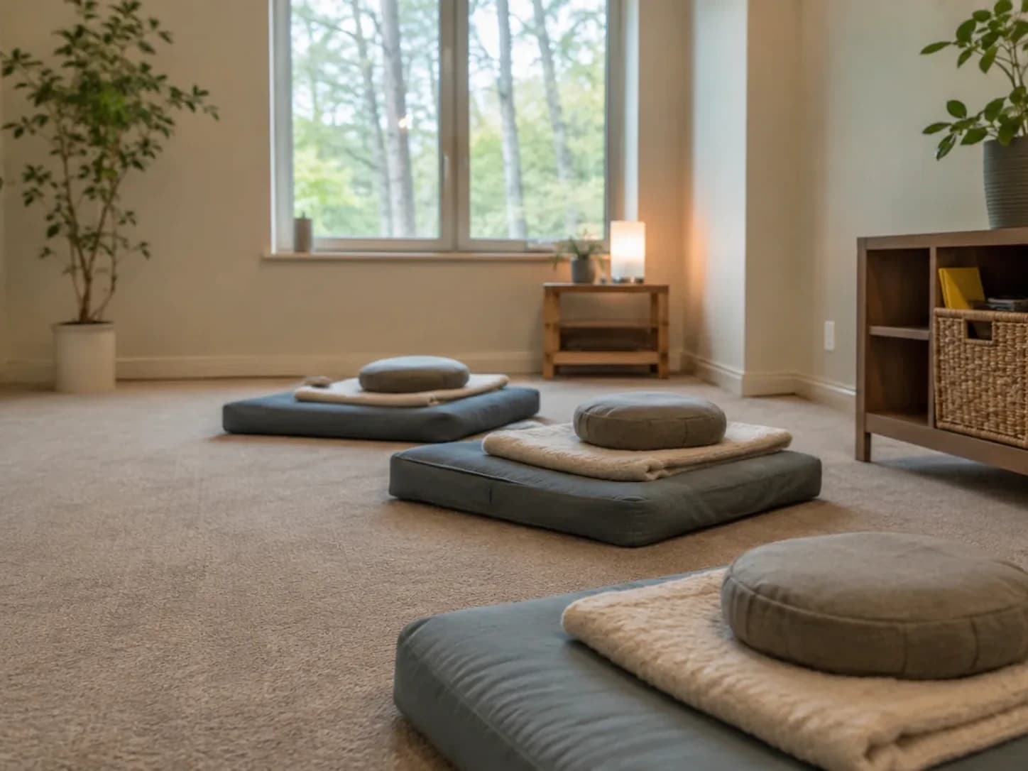 Quiet room with floor cushions used for grounding and mindfulness work