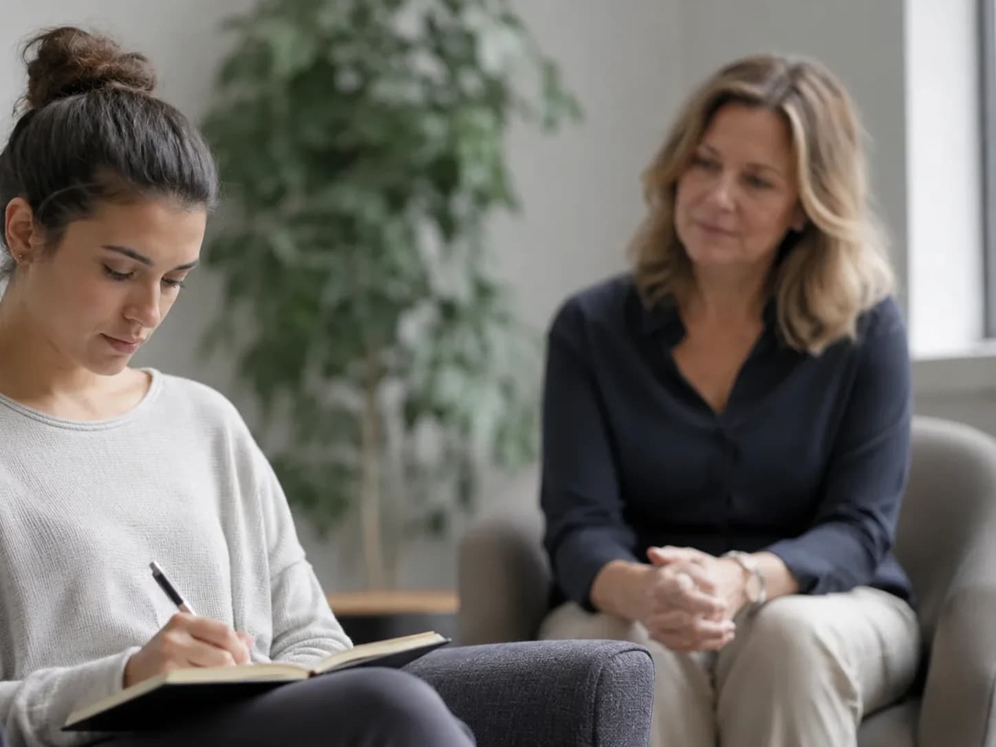 Client journaling while a clinician listens during a session