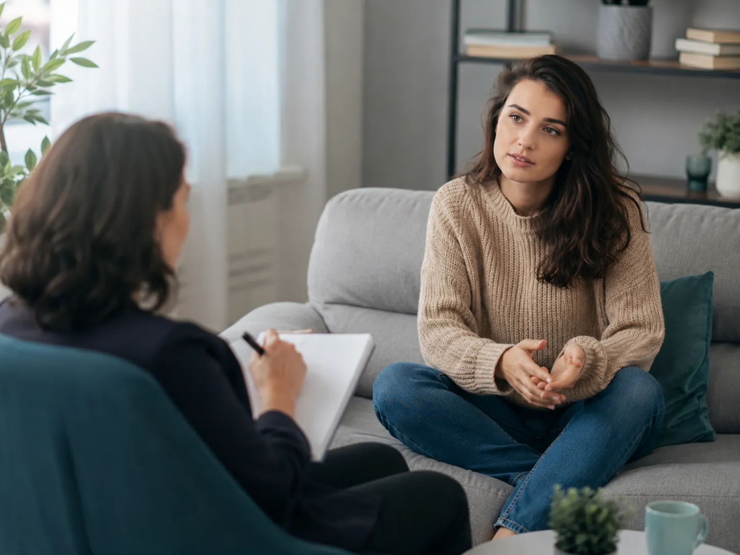 Client talking with a therapist who is taking notes during a session
