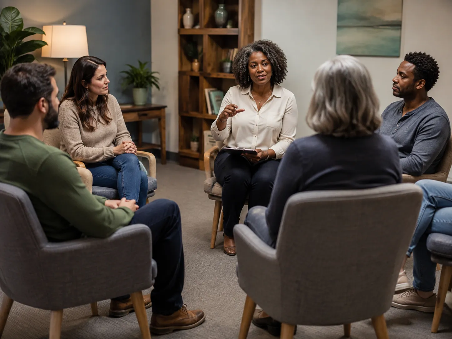 Group therapy session with a clinician leading the discussion