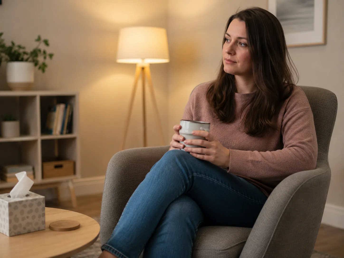Client sitting quietly with a warm drink in a residential lounge