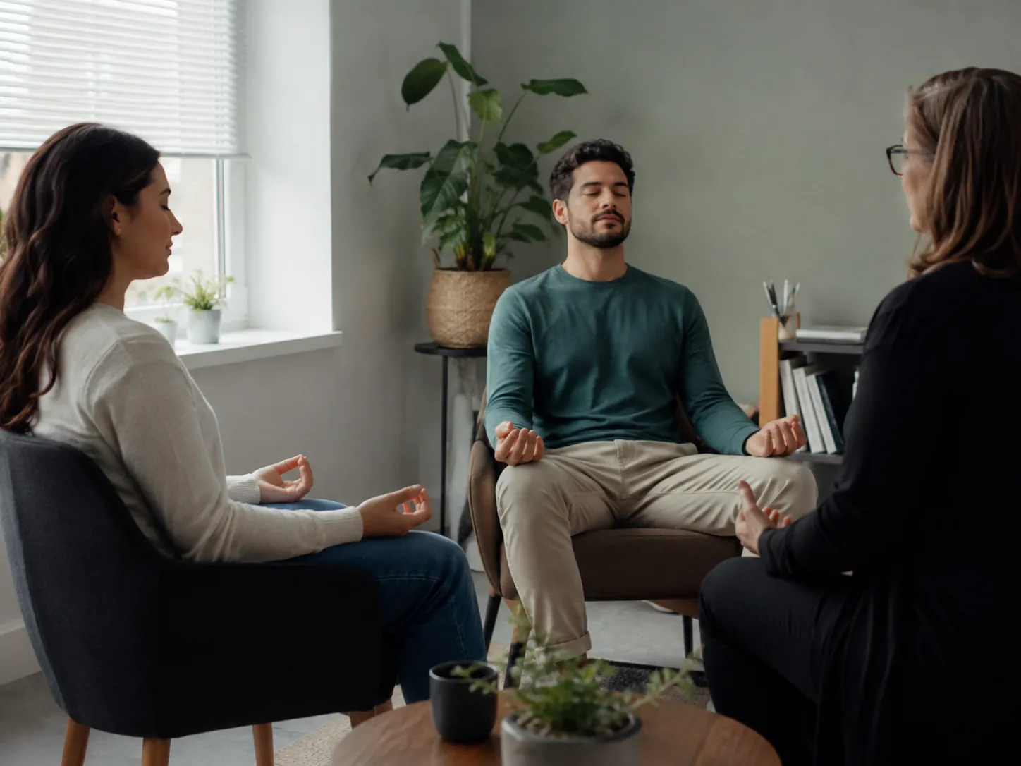 Clients seated in a circle during a guided mindfulness session