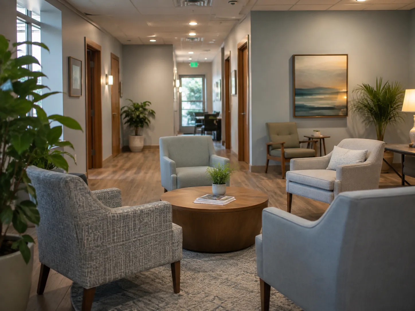 Residential common area with armchairs arranged for conversation