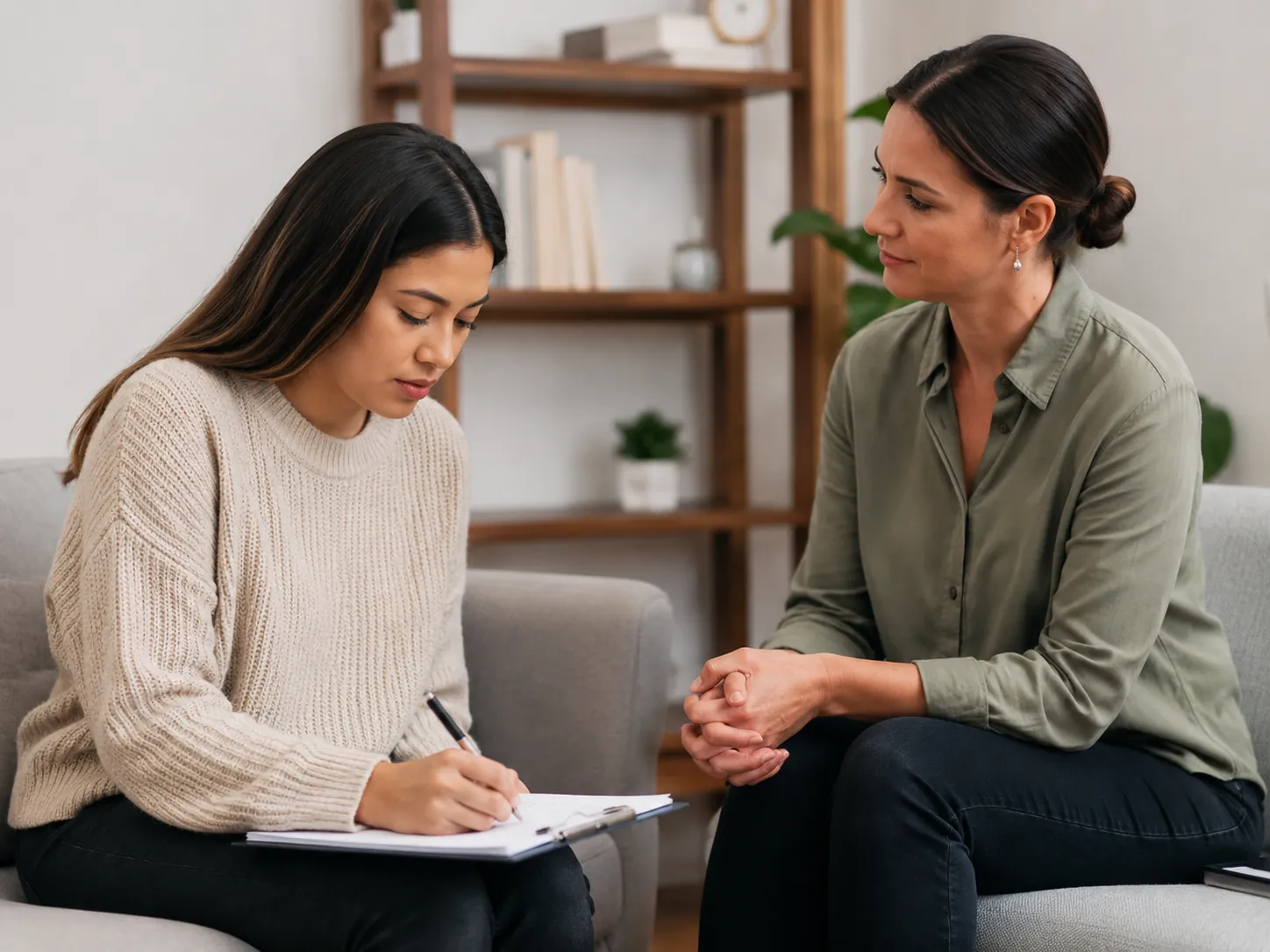 Client writing in a workbook beside a clinician during a session
