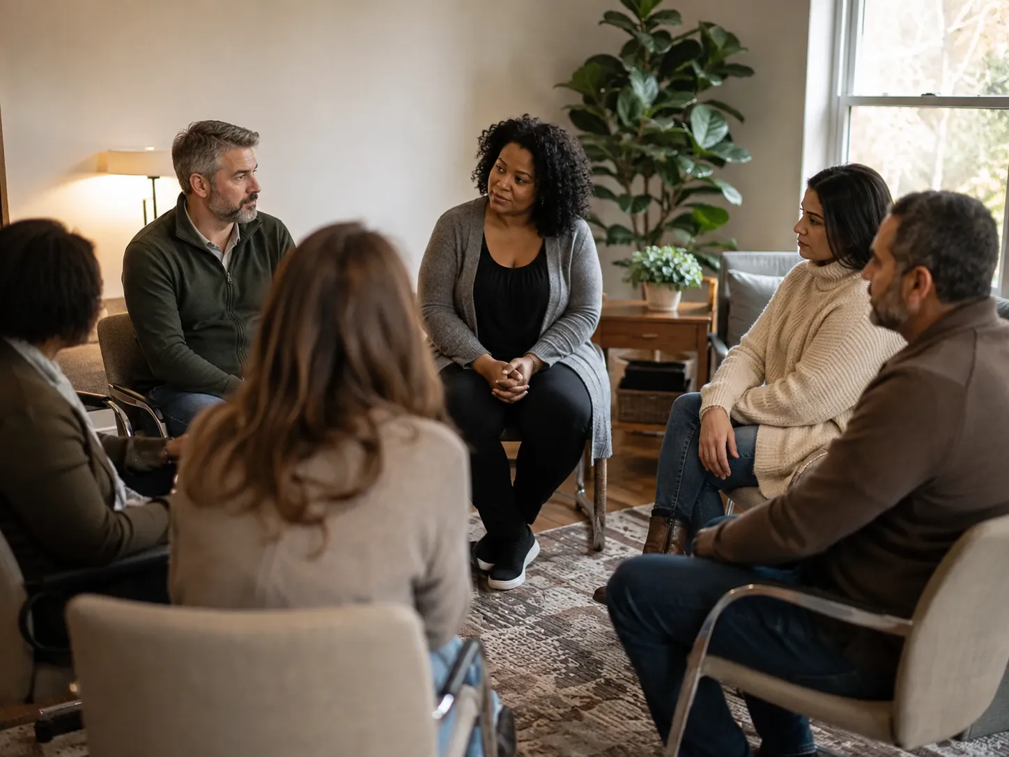 Group therapy session with participants seated in a circle