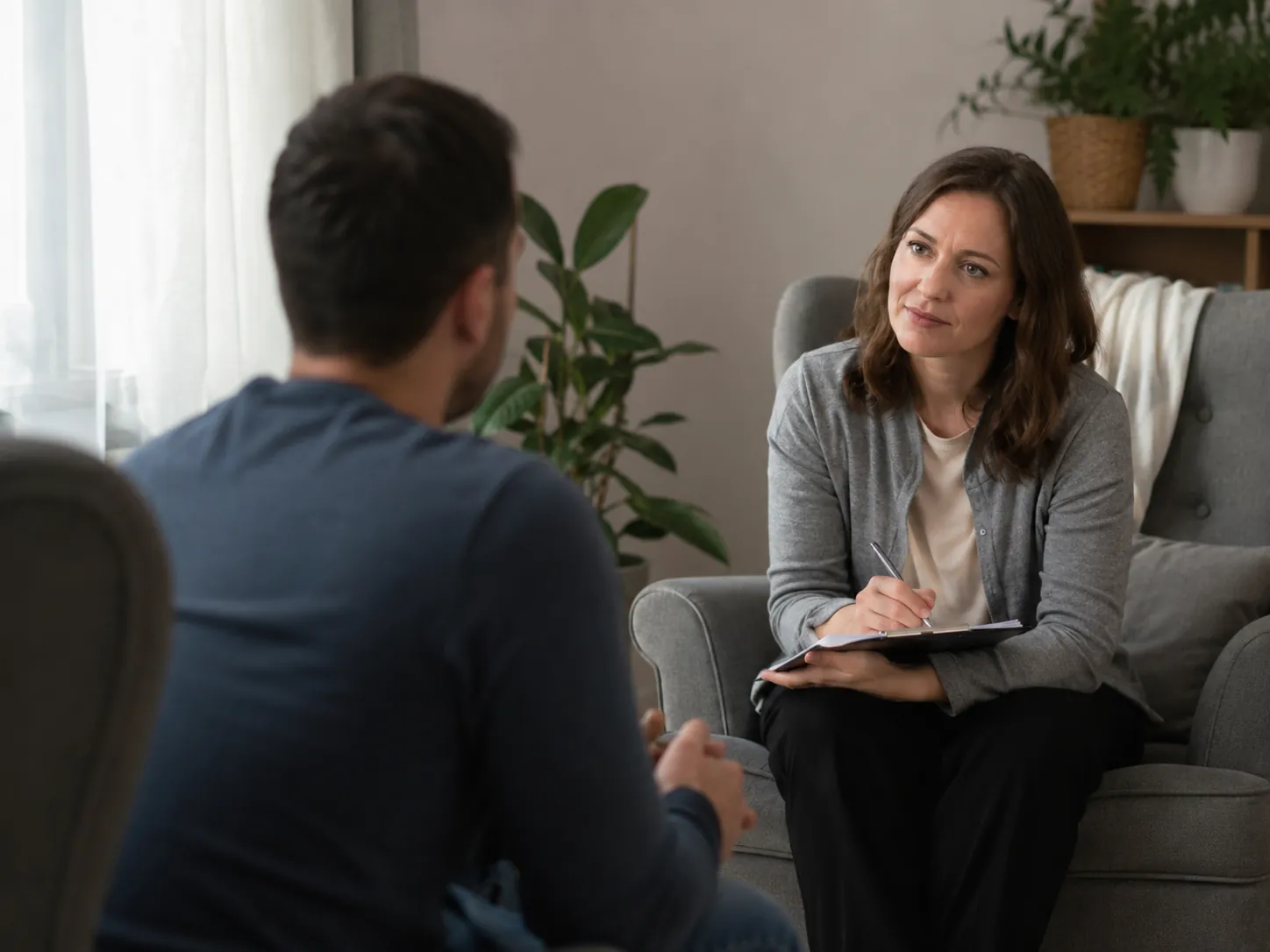 Client in conversation with a therapist during a session