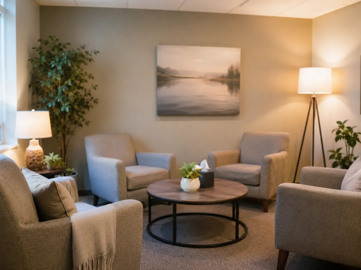 Therapy room with armchairs arranged for a session
