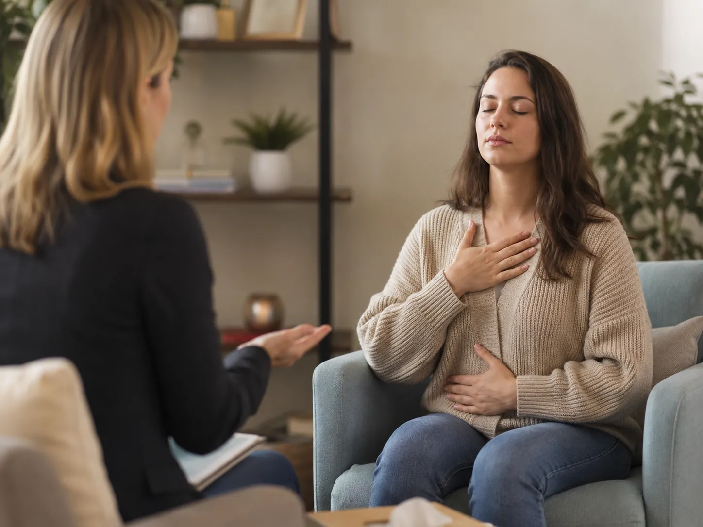 Therapist guiding a client through a grounding exercise