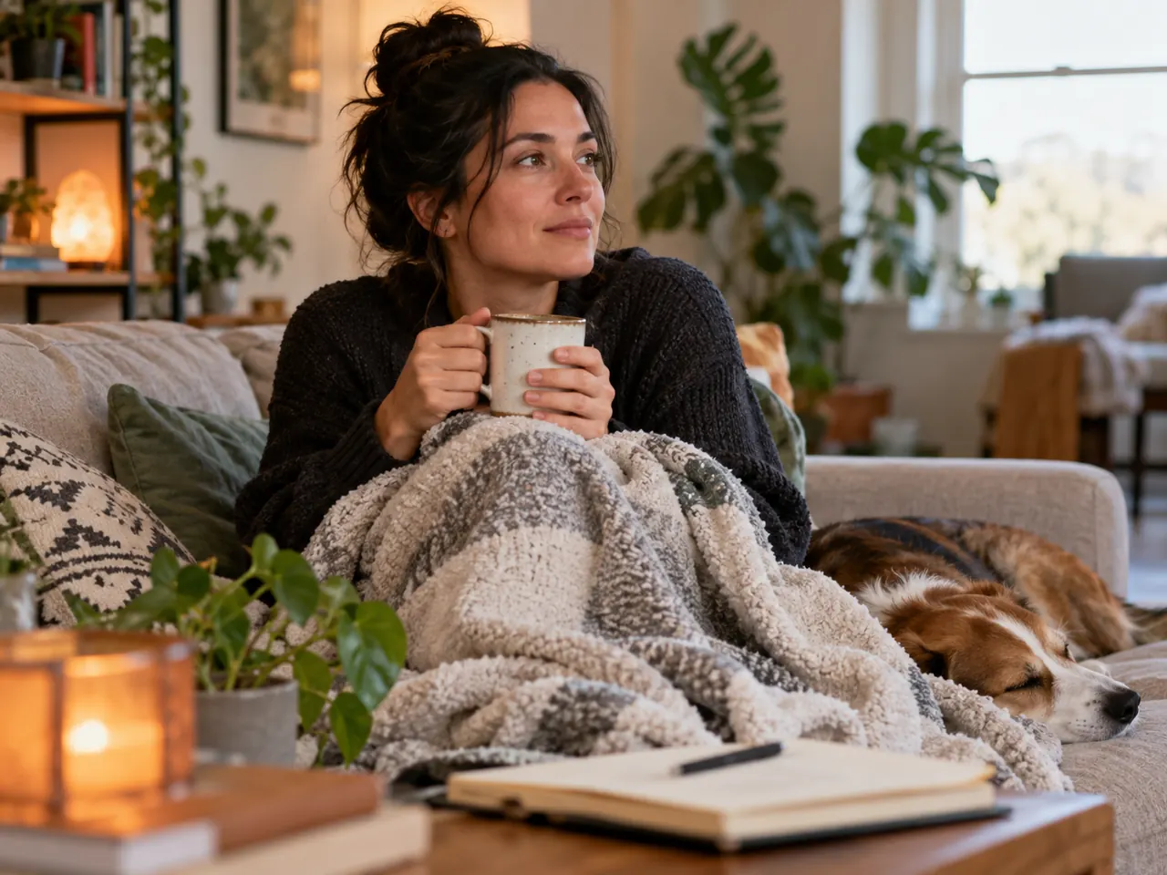 Client wrapped in a blanket holding a warm drink in a quiet lounge