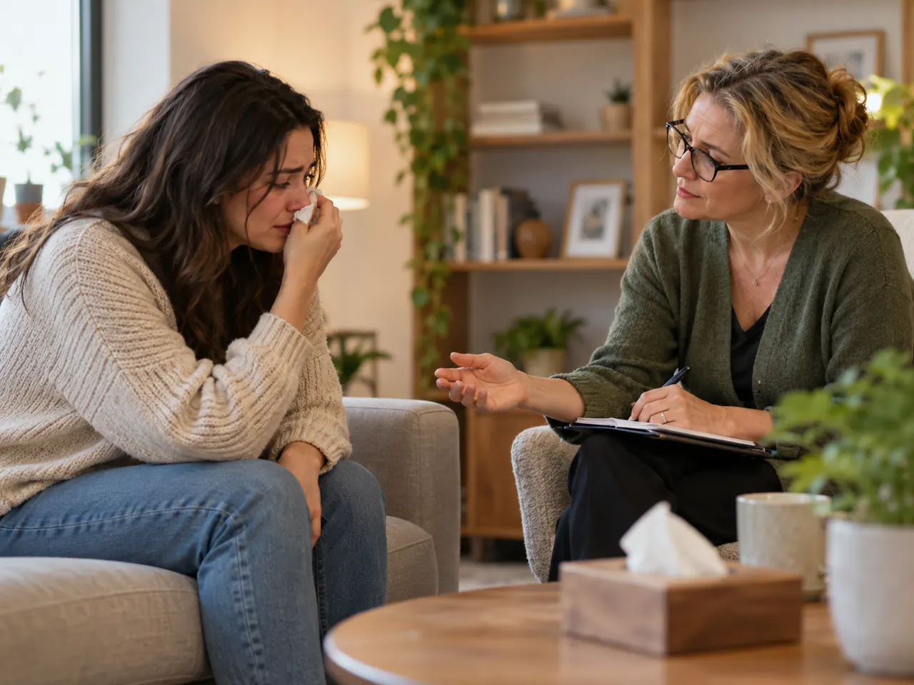 Client wiping away tears while a therapist listens during a session