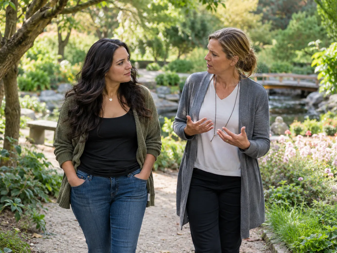 Client and therapist talking during a walk through a garden