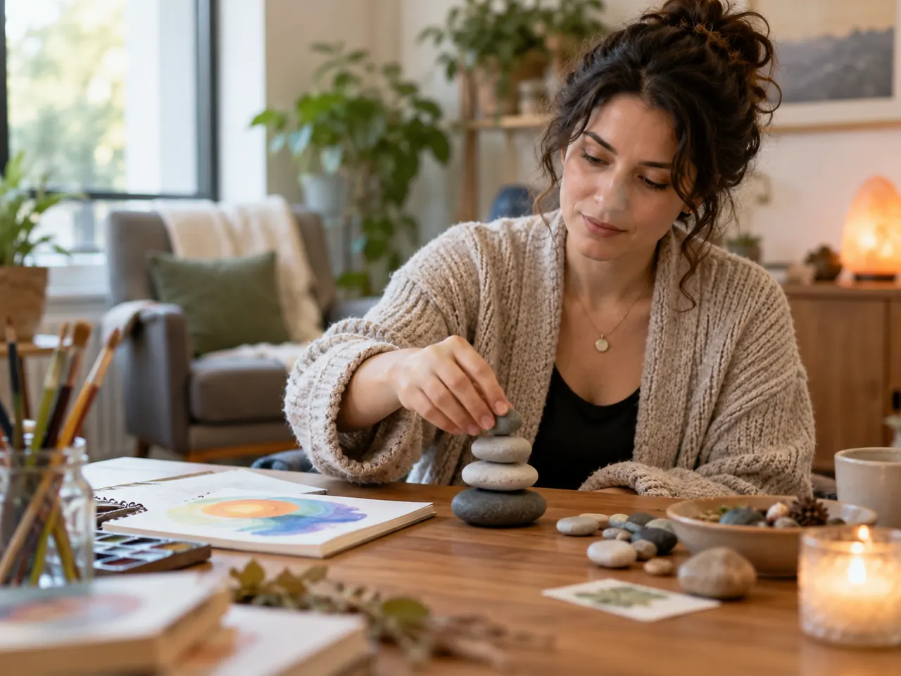 Client arranging stones during a calming grounding activity