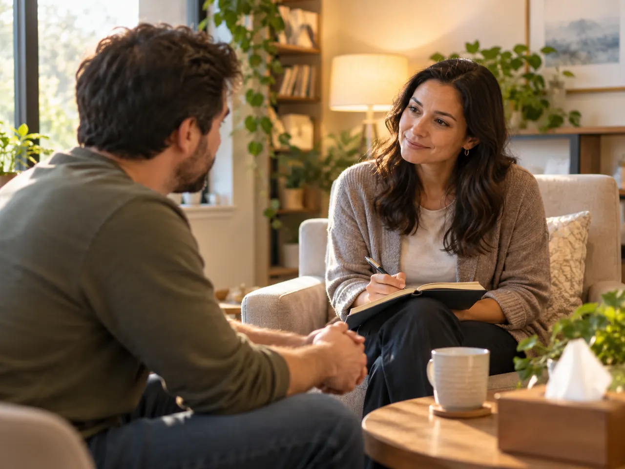 Client talking with a therapist who is taking notes