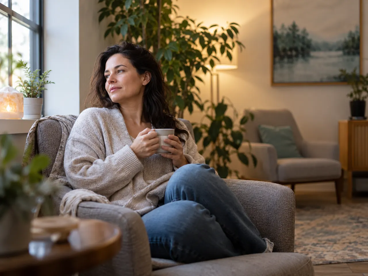 Client resting with a warm drink in a quiet lounge