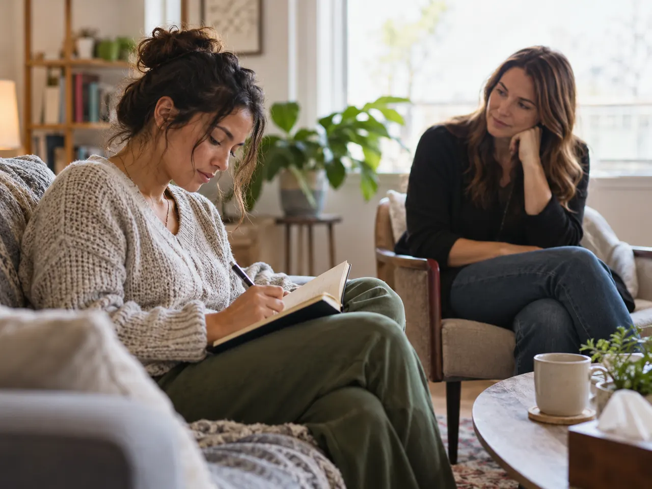 Client writing in a journal while a therapist listens