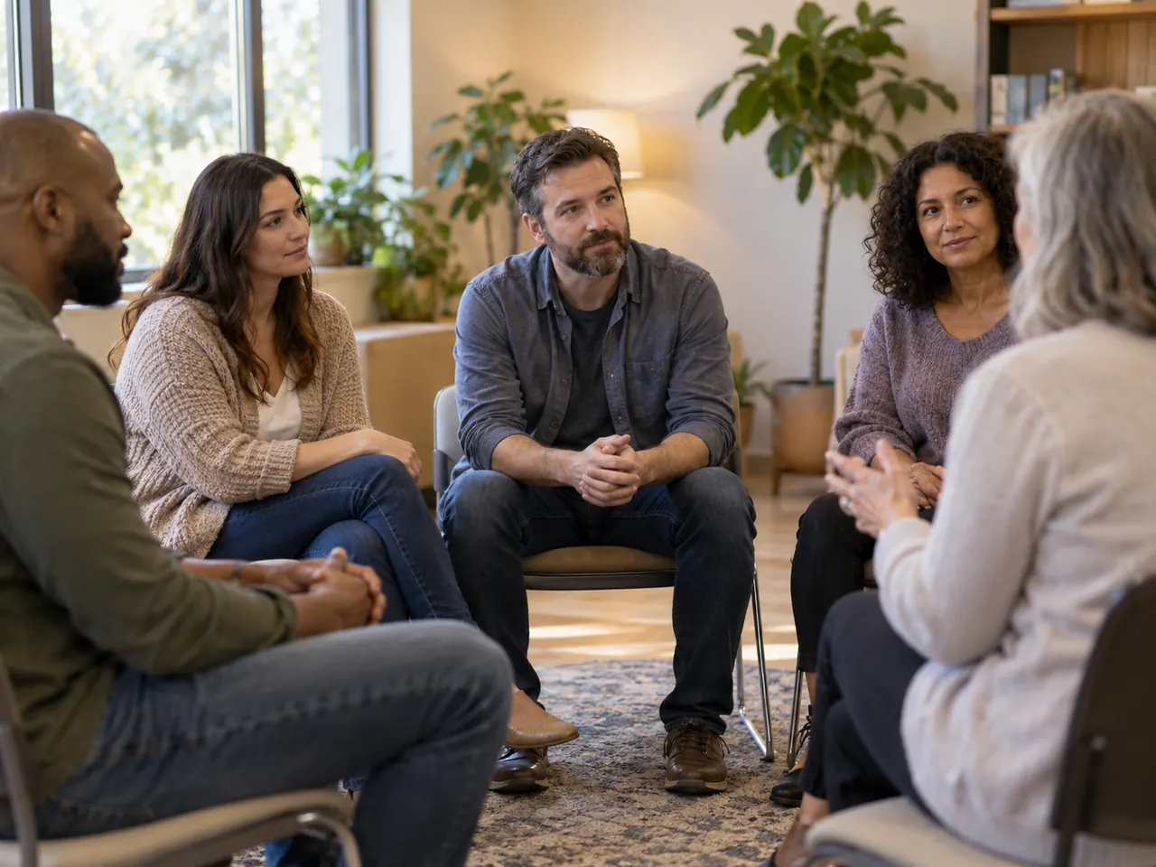 Group therapy session with participants seated in a circle
