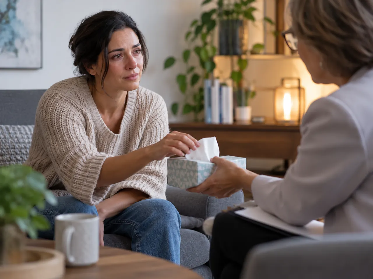 Therapist offering tissues to a client during a session