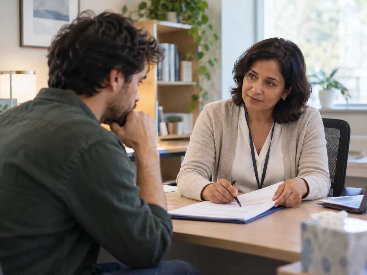 Client meeting with a clinician at a desk